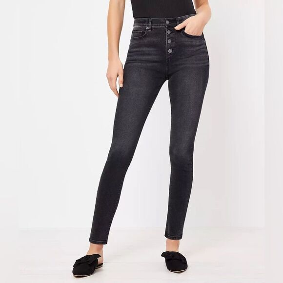 Loft Black High Rose Skinny Jeans Raw Hem Exposed Button Panel Size 8 / 29 - Picture 1 of 10
